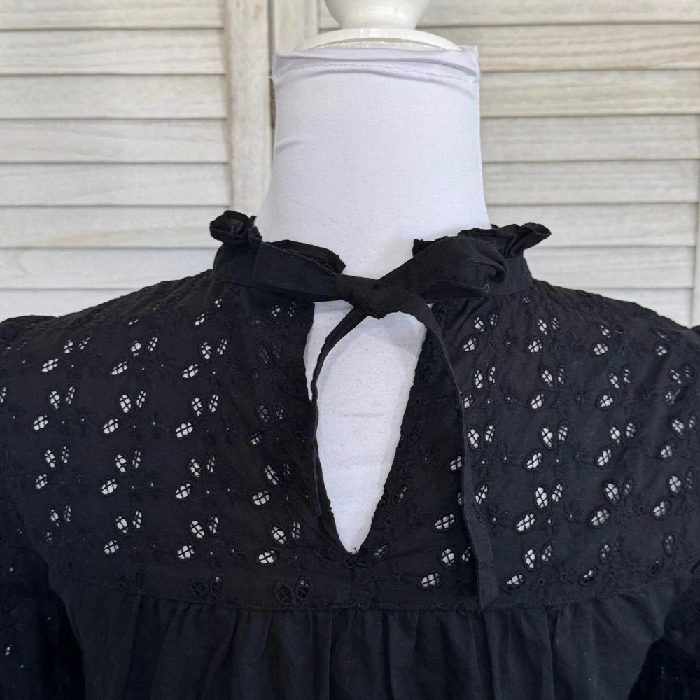 Madewell‎ Top Black Eyelet Ruffle Neck Long Sleeve Peasant Boho Full Coverage XS